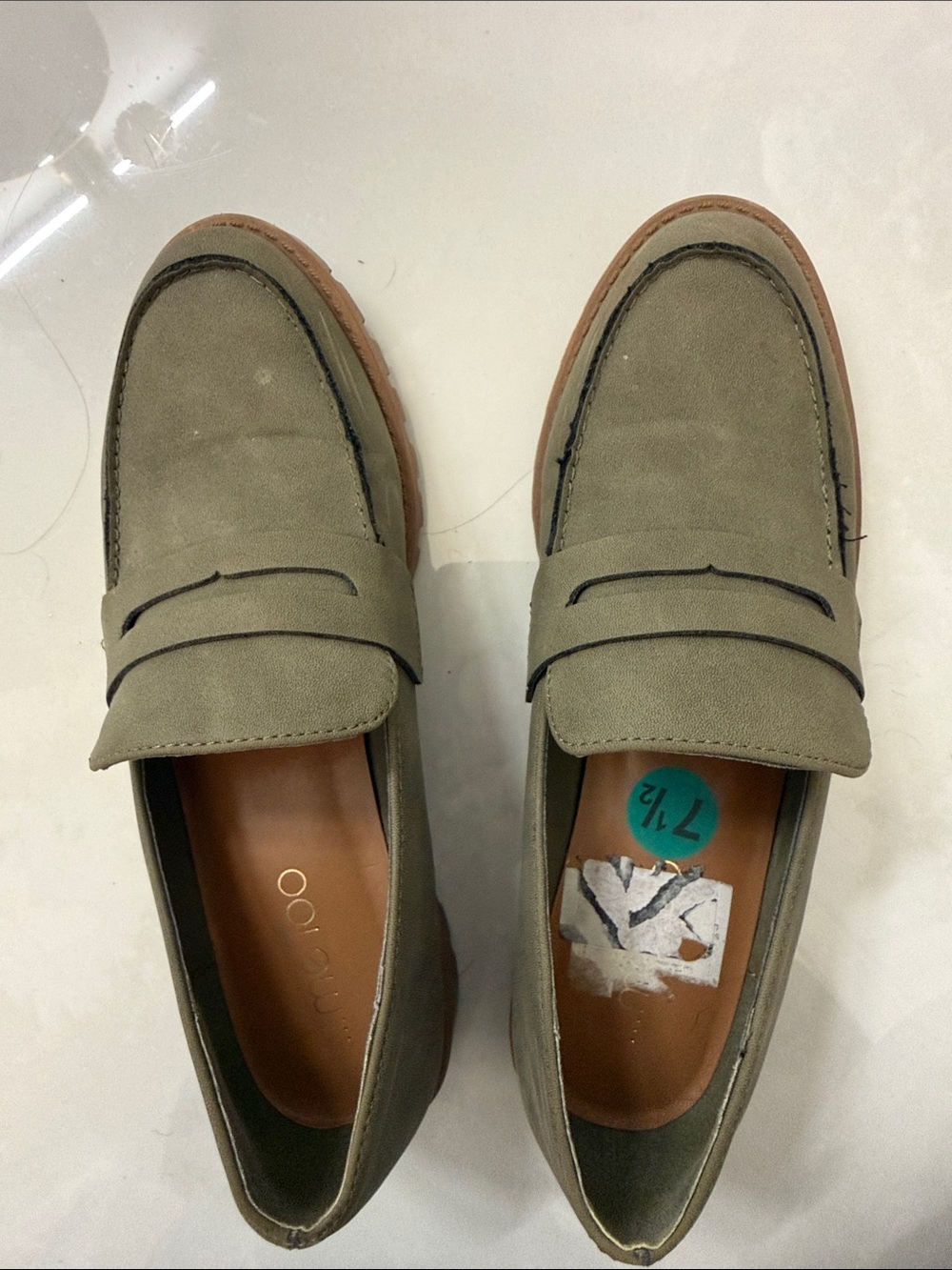 me too Olive Suede Penny Loafers with Tan Sole